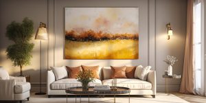 Modern living room with a cream sofa, warm accent cushions, marble coffee table, soft lighting, and elegant wall art.