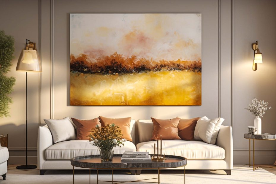 Modern living room with a cream sofa, warm accent cushions, marble coffee table, soft lighting, and elegant wall art.